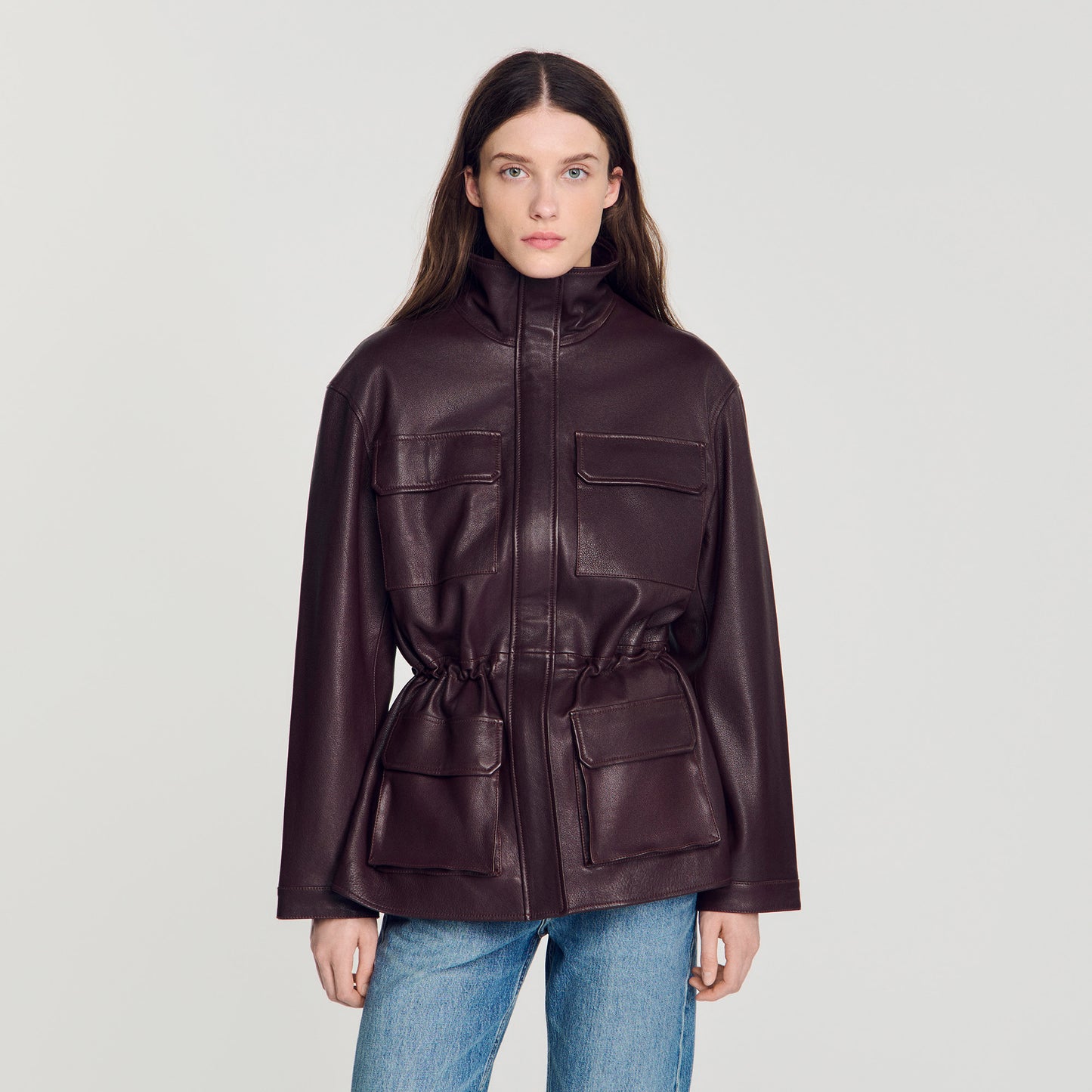 John Oversized leather collar jacket Bordeaux