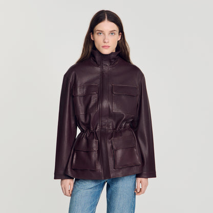 John Oversized leather collar jacket Bordeaux