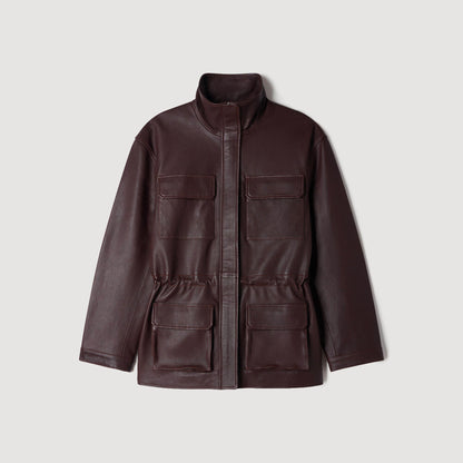 John Oversized leather collar jacket Bordeaux