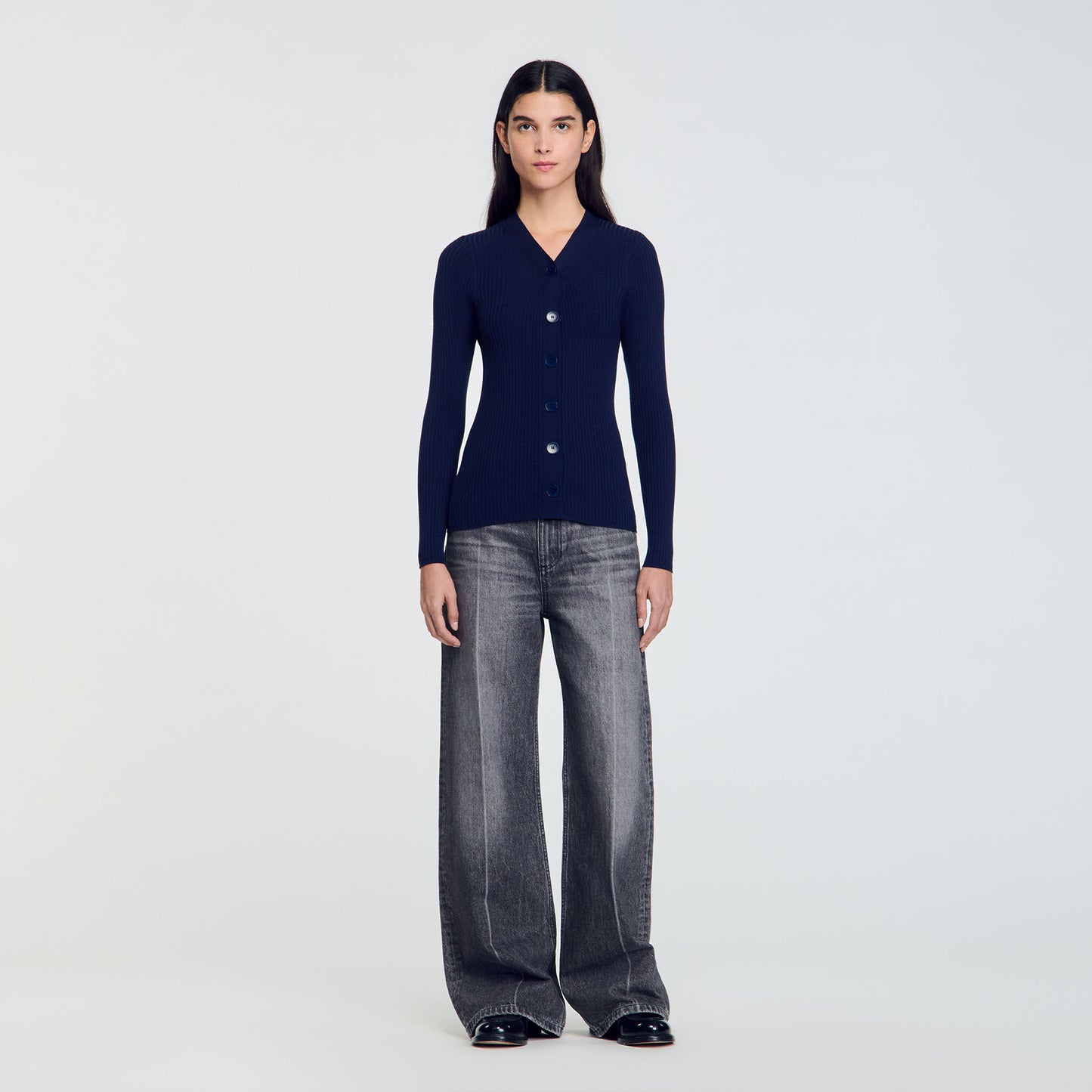 Rib Knit Cardigan Navy BlueFushia