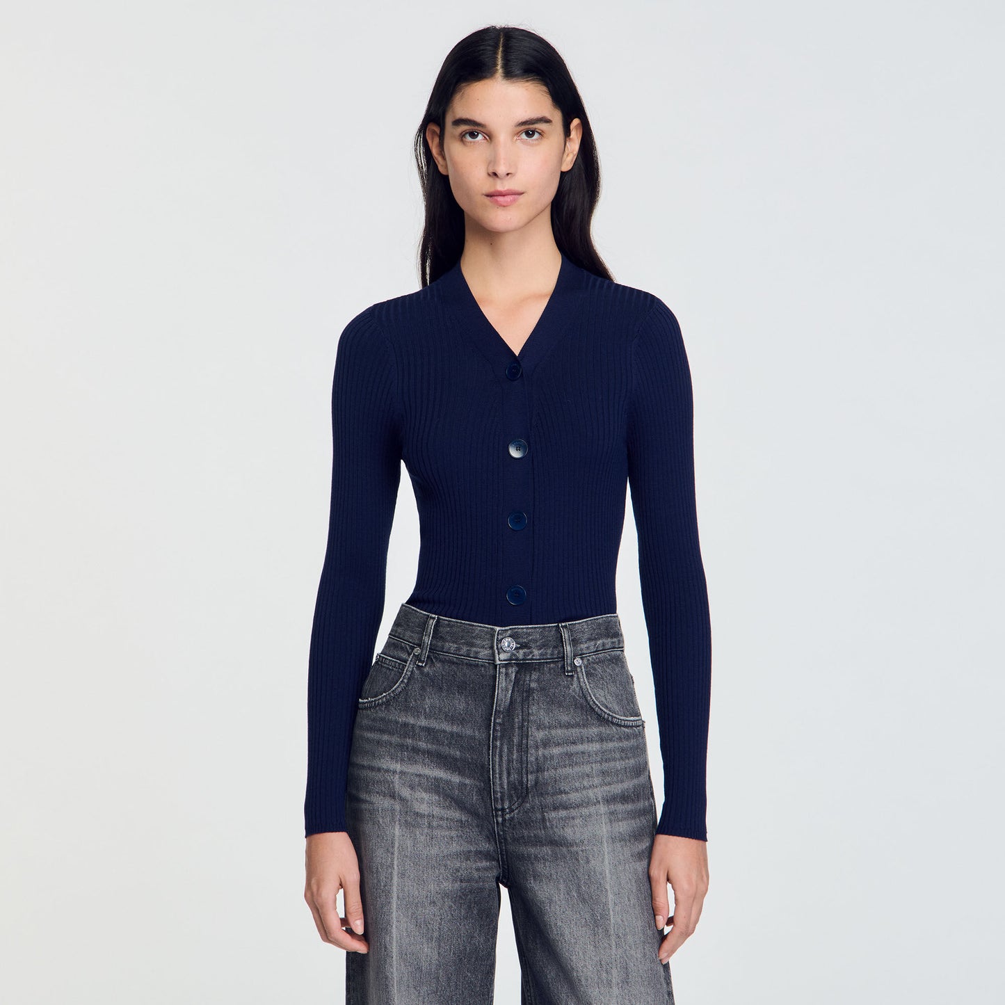 Rib Knit Cardigan Navy BlueFushia