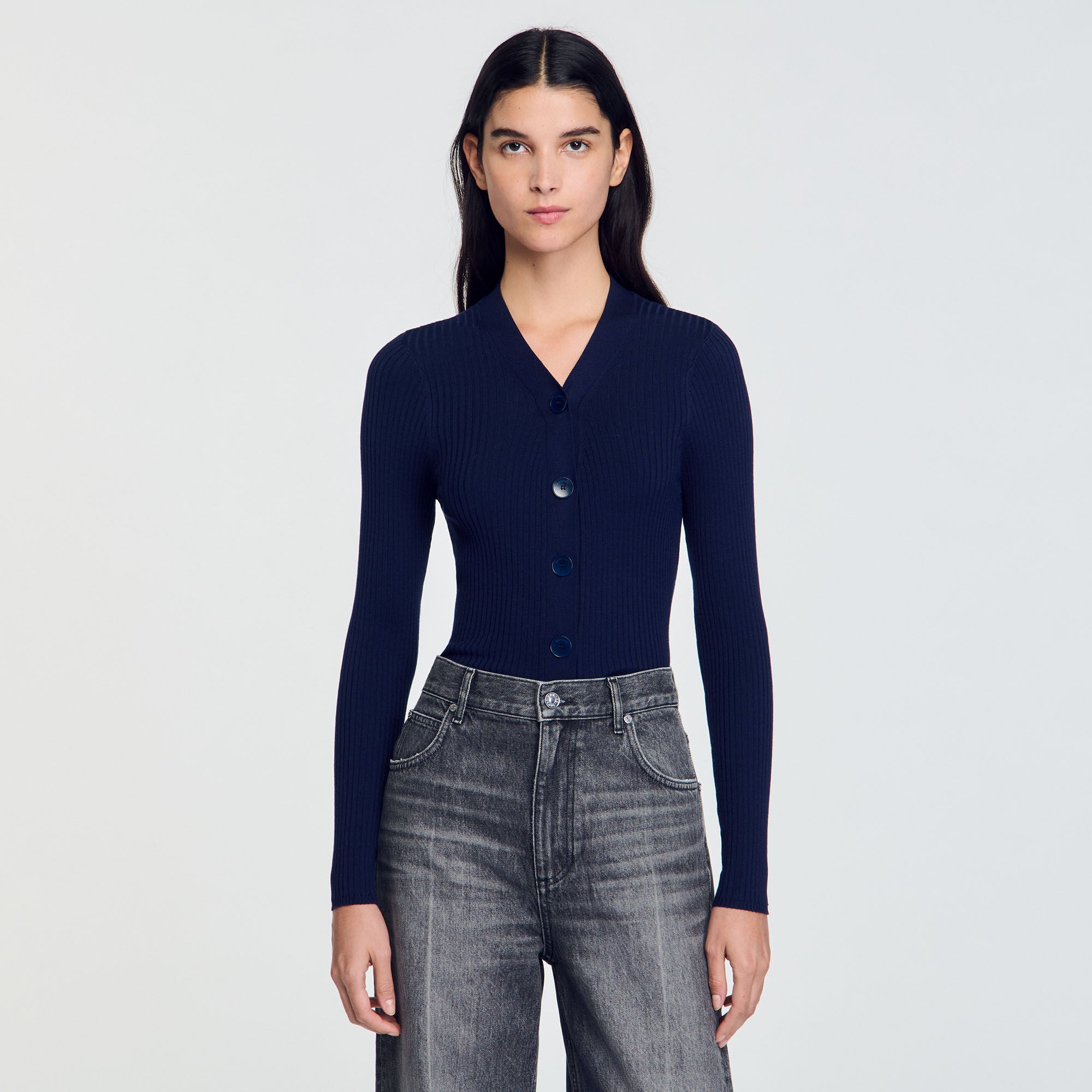 Rib Knit Cardigan Navy BlueFushia
