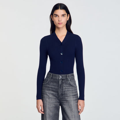 Rib Knit Cardigan Navy BlueFushia