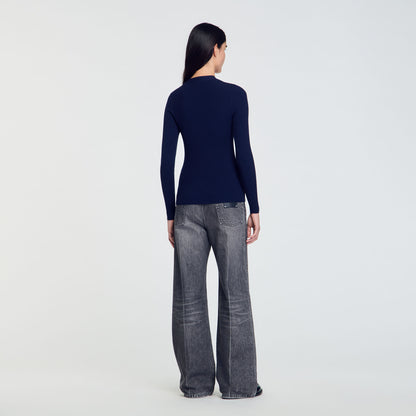 Rib Knit Cardigan Navy BlueFushia