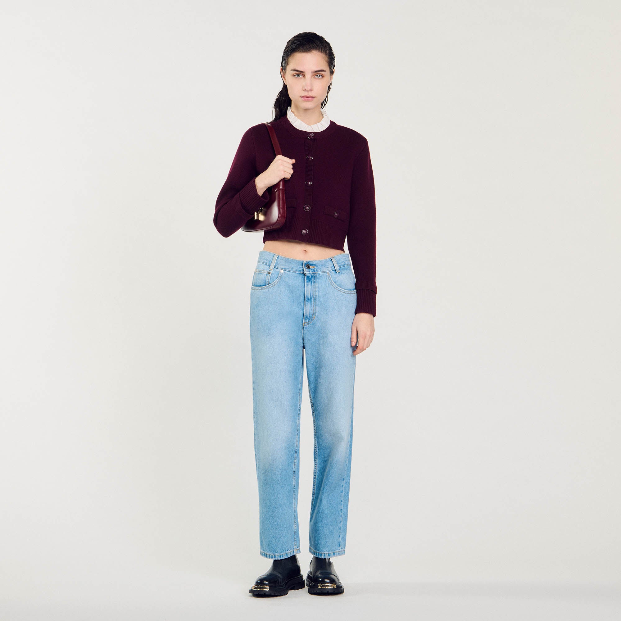 Knit Cardigan With Ruffled Collar Bordeaux