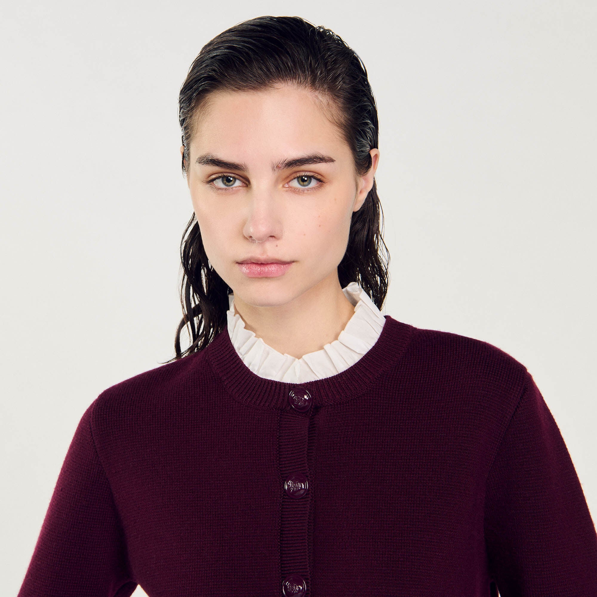 Knit Cardigan With Ruffled Collar Bordeaux