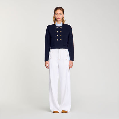 Cardigan With Removable Ruffled Collar Navy Blue