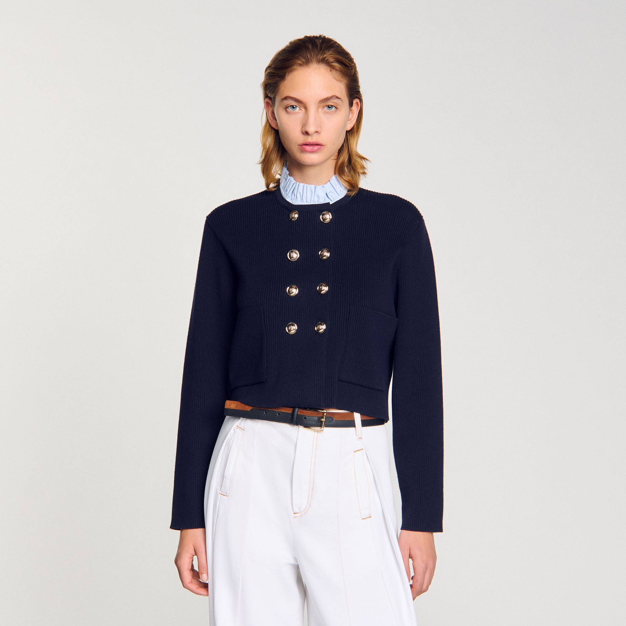 Cardigan With Removable Ruffled Collar Navy Blue