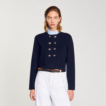 Cardigan With Removable Ruffled Collar Navy Blue