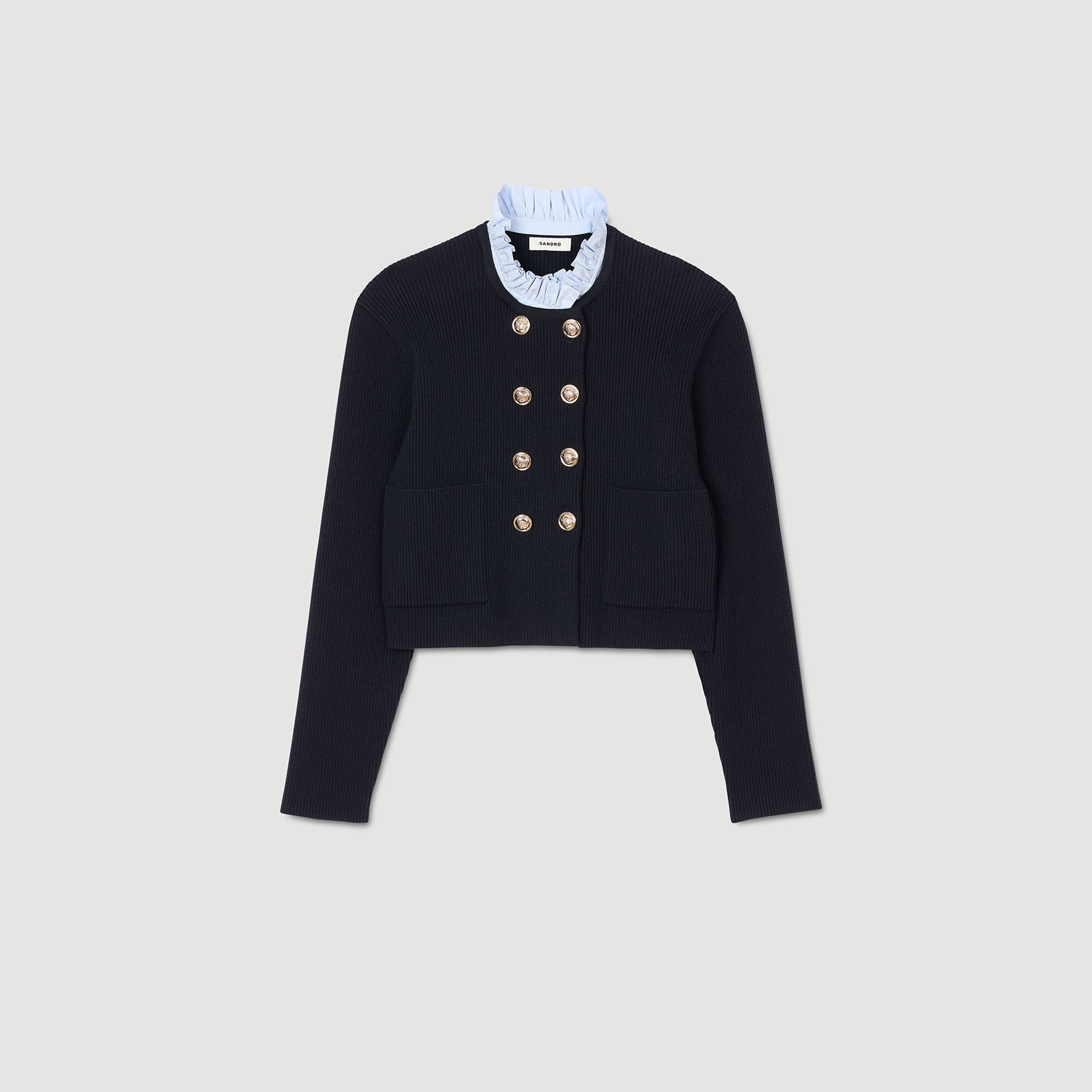 Cardigan With Removable Ruffled Collar Navy Blue