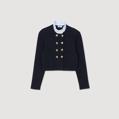 Cardigan With Removable Ruffled Collar Navy Blue