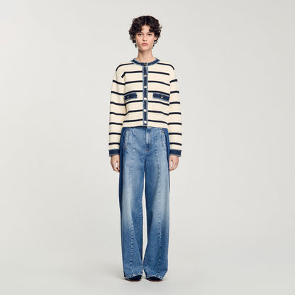 Stripy Cardigan With Denim Details Ecru