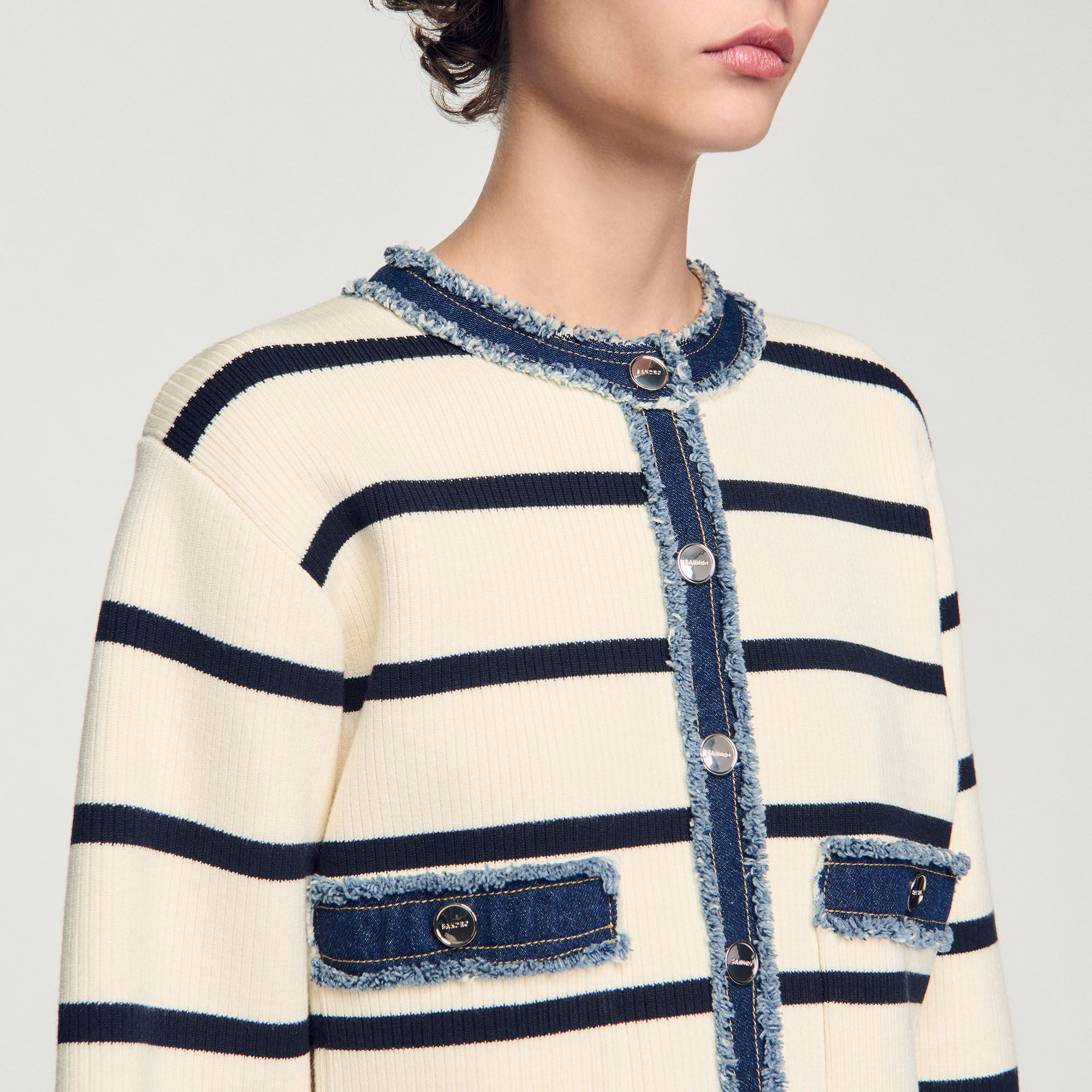 Stripy Cardigan With Denim Details Ecru