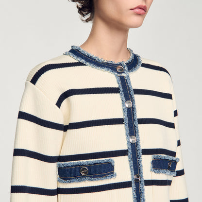 Stripy Cardigan With Denim Details Ecru