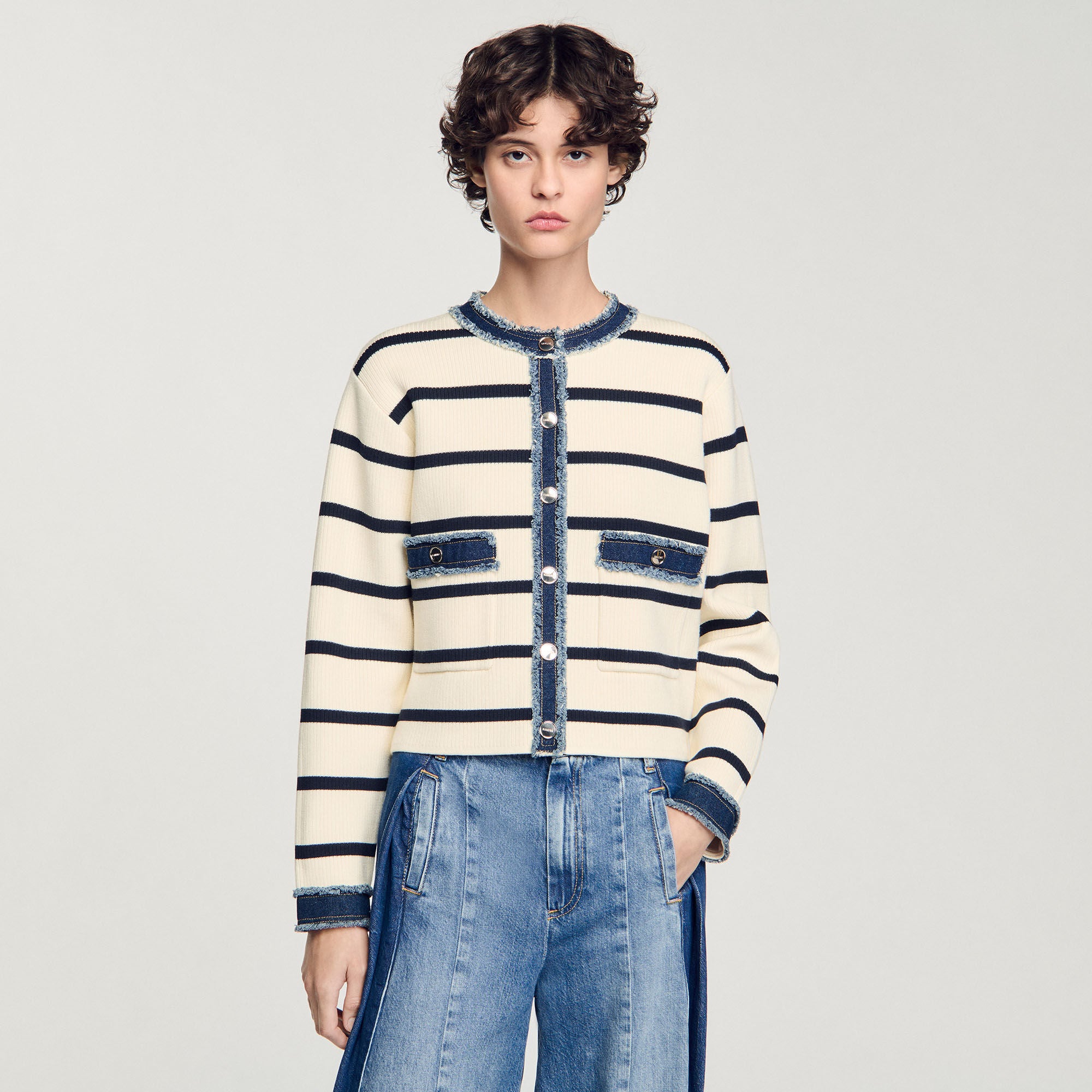 Stripy Cardigan With Denim Details Ecru