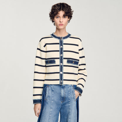 Stripy Cardigan With Denim Details Ecru