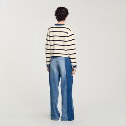 Stripy Cardigan With Denim Details Ecru