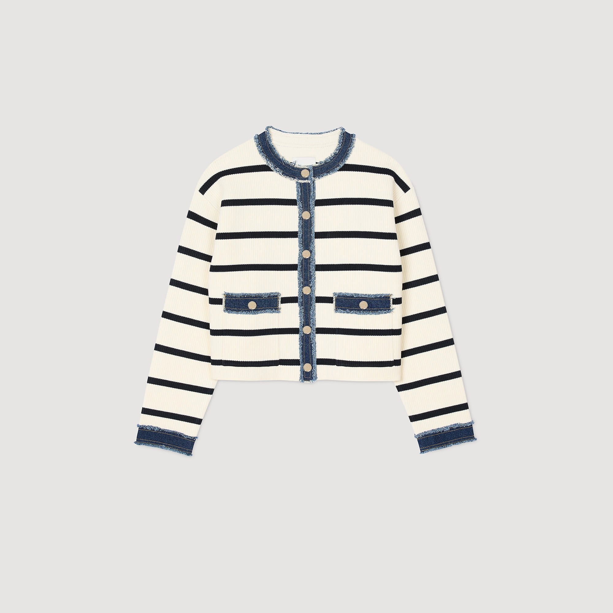 Stripy Cardigan With Denim Details Ecru