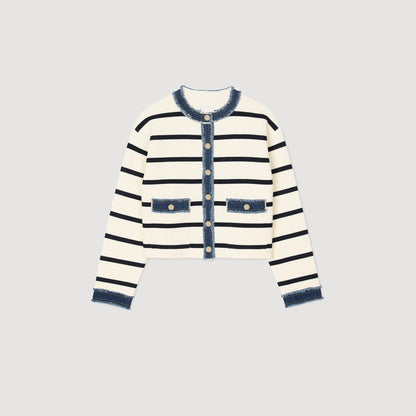 Stripy Cardigan With Denim Details Ecru