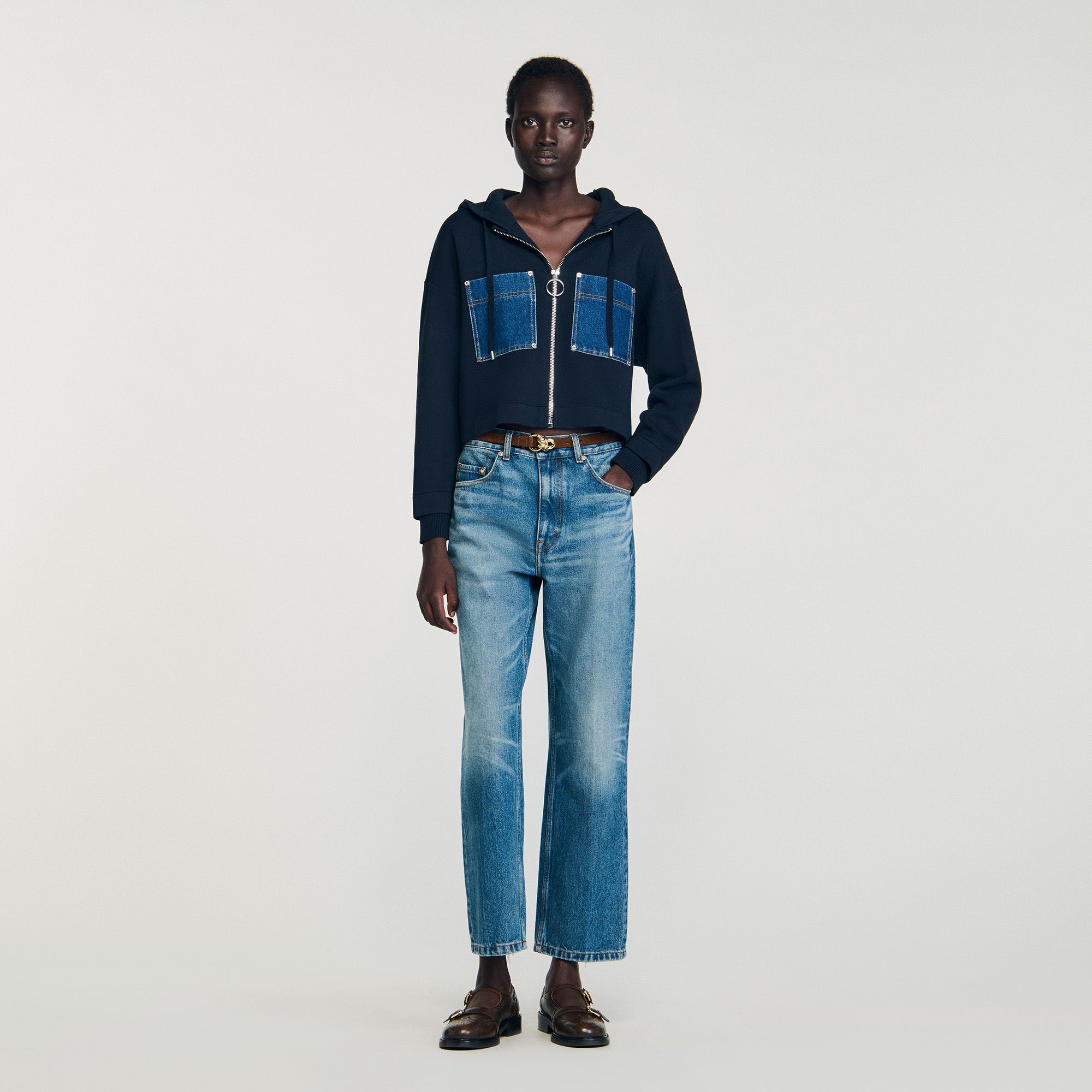 Adriane Knit And Denim Sweatshirt Navy Blue
