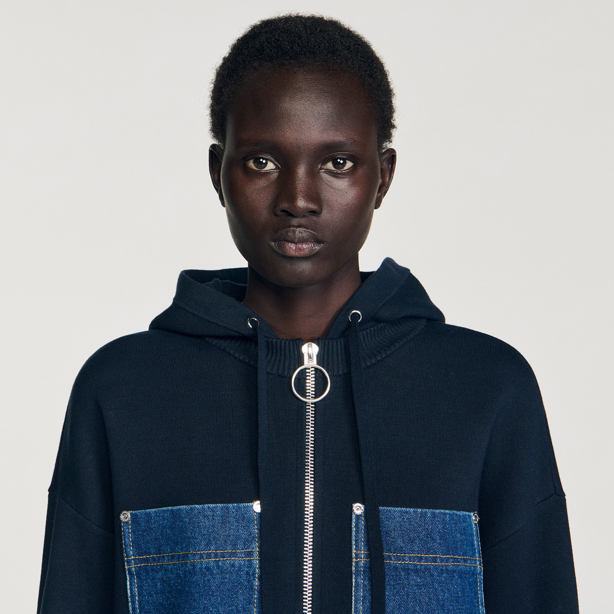Adriane Knit And Denim Sweatshirt Navy Blue