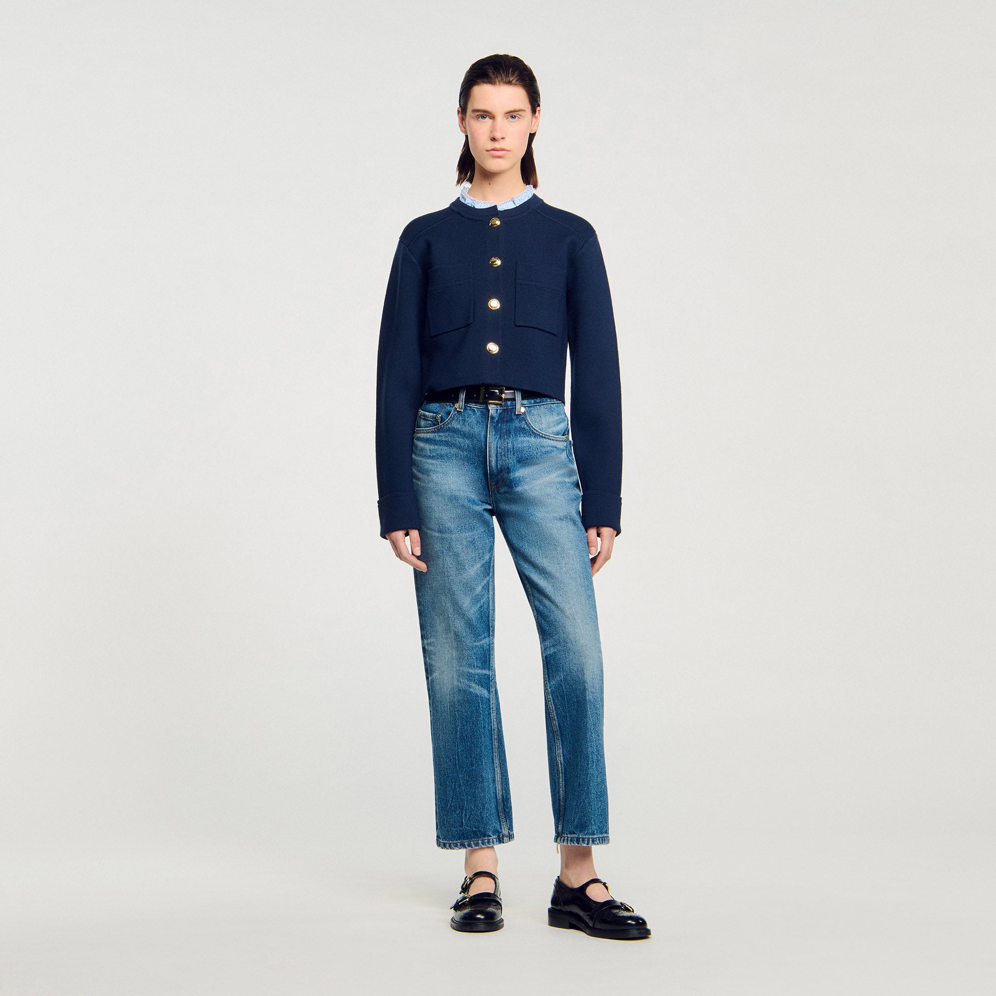 Meunie Cardigan With Ruffle Collar Navy Blue