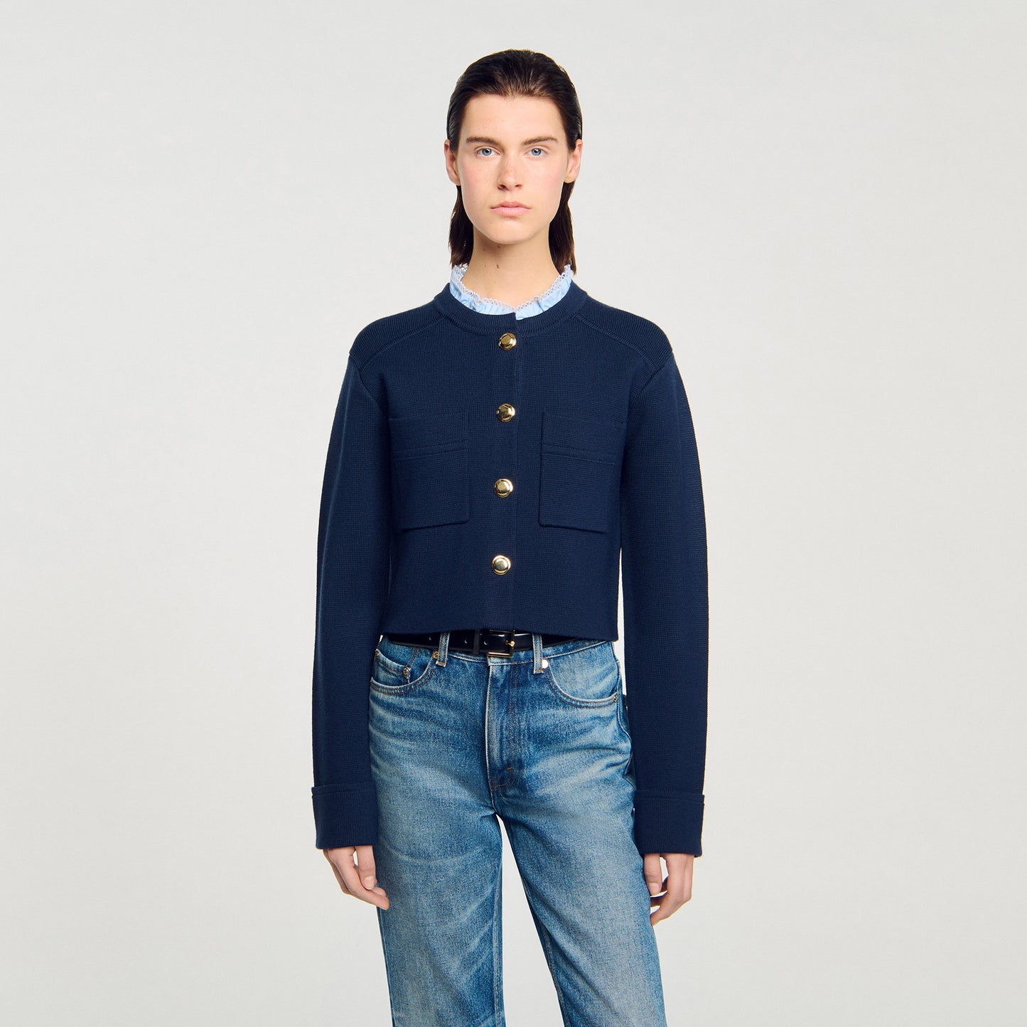Meunie Cardigan With Ruffle Collar Navy Blue