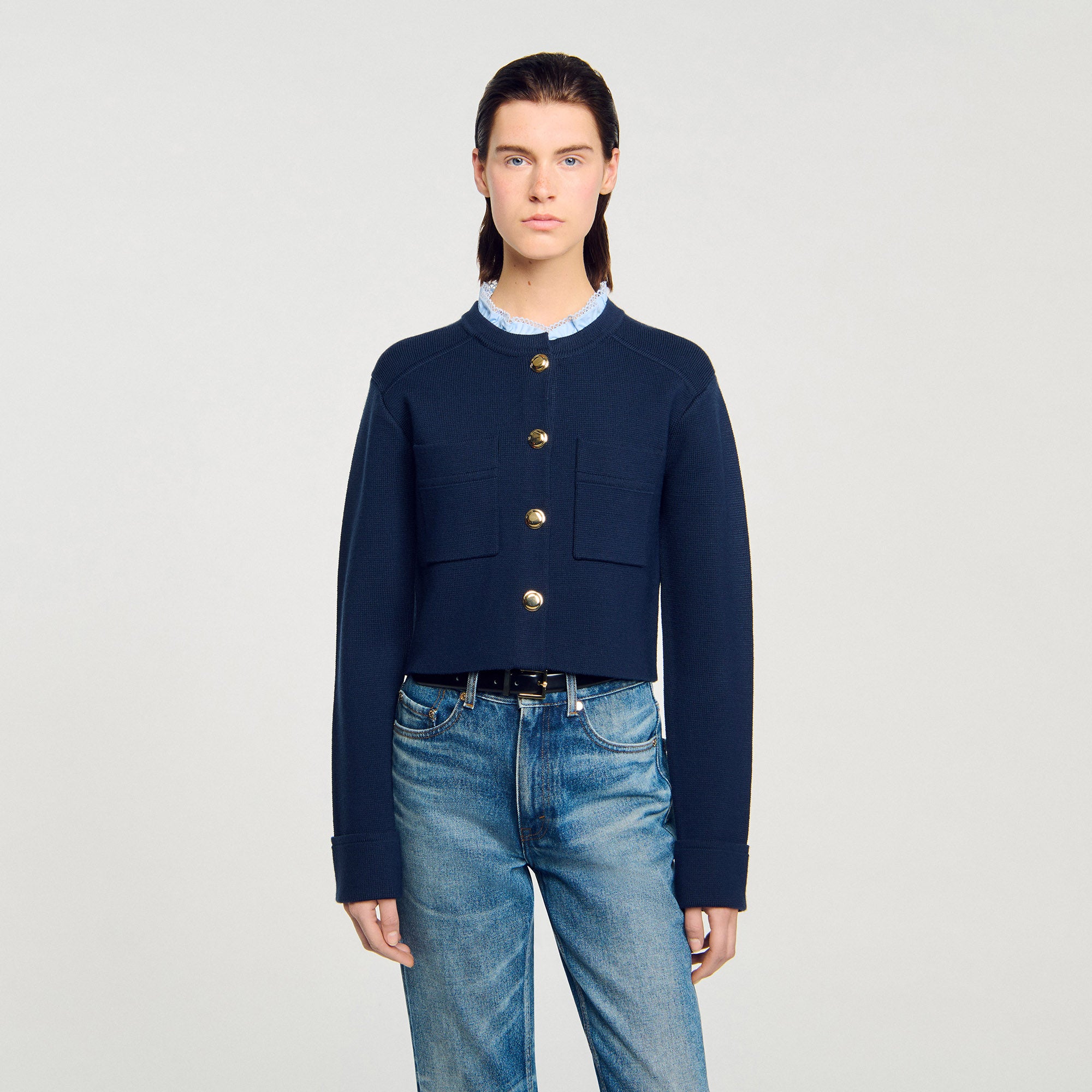 Meunie Cardigan With Ruffle Collar Navy Blue