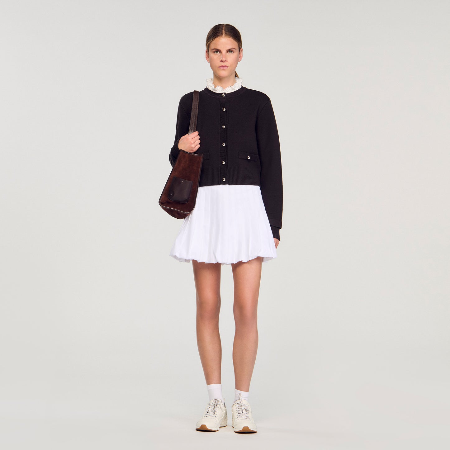 Meuna Cardigan with removable ruffle collar Brown