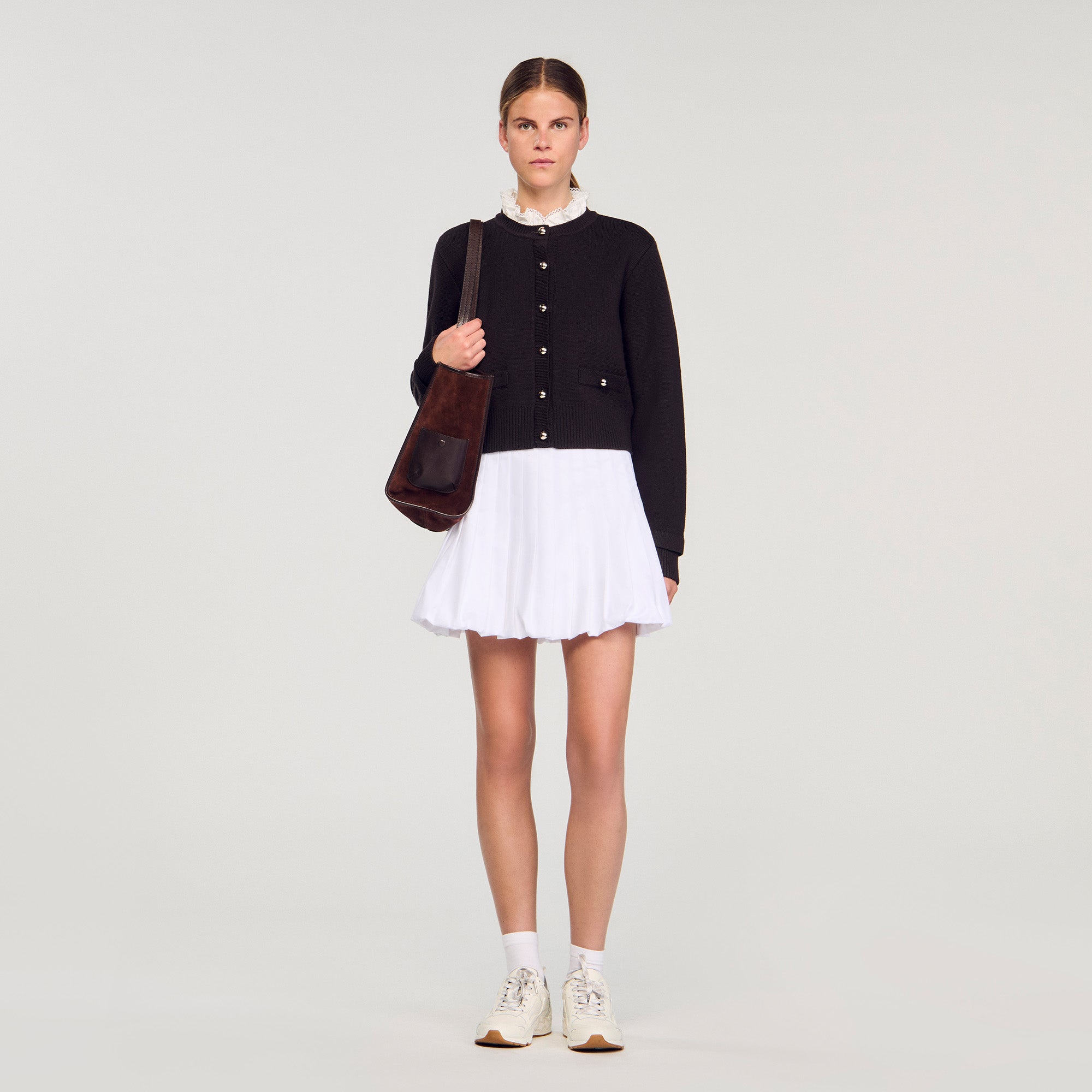 Meuna Cardigan with removable ruffle collar Brown