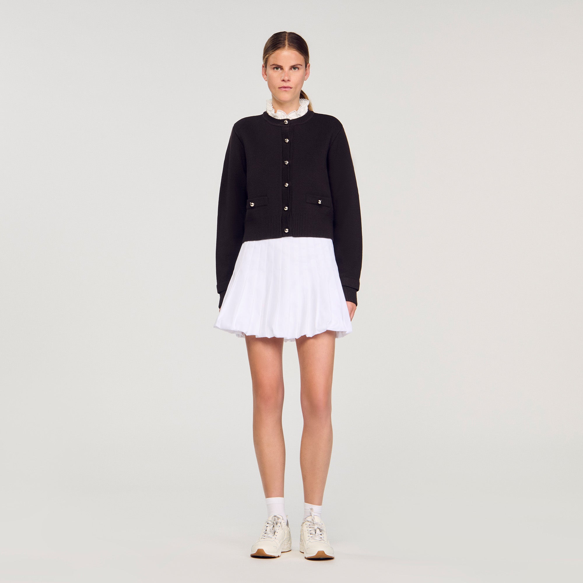 Meuna Cardigan with removable ruffle collar Brown