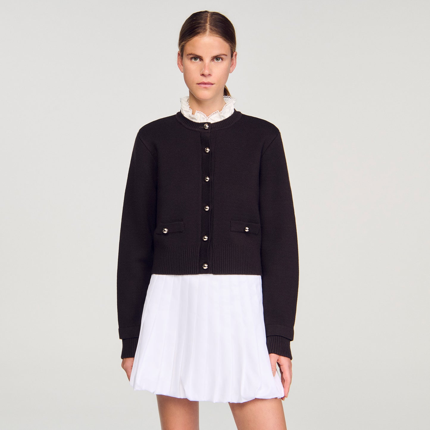 Meuna Cardigan with removable ruffle collar Brown