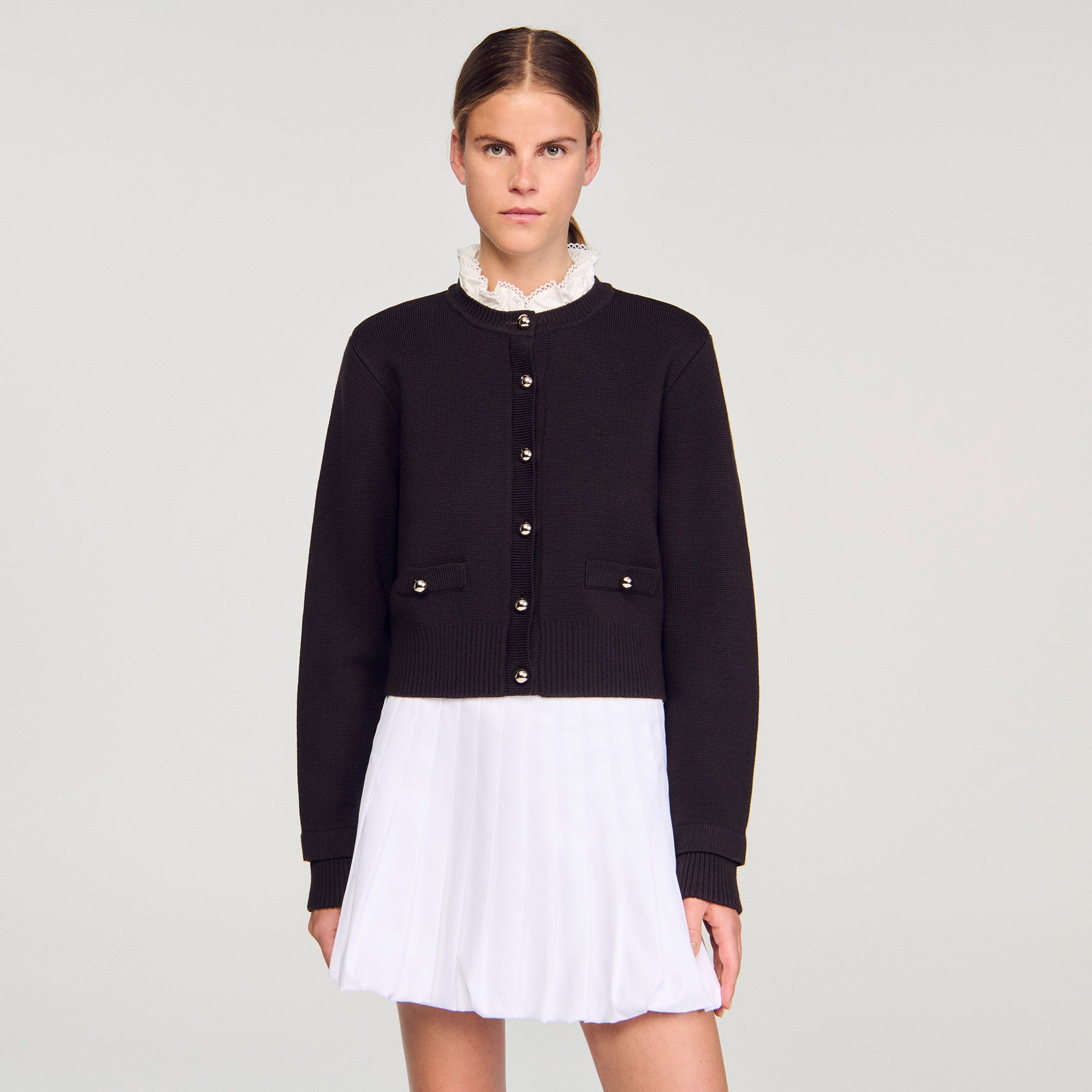 Meuna Cardigan with removable ruffle collar Brown