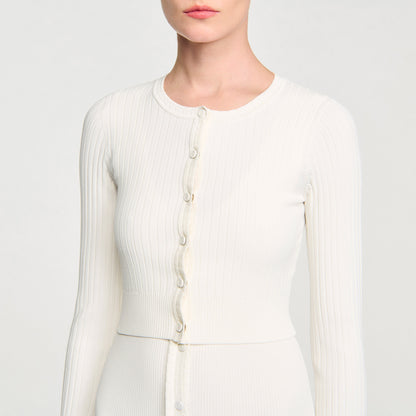 Bello Cropped Rib Knit Cardigan Ecru