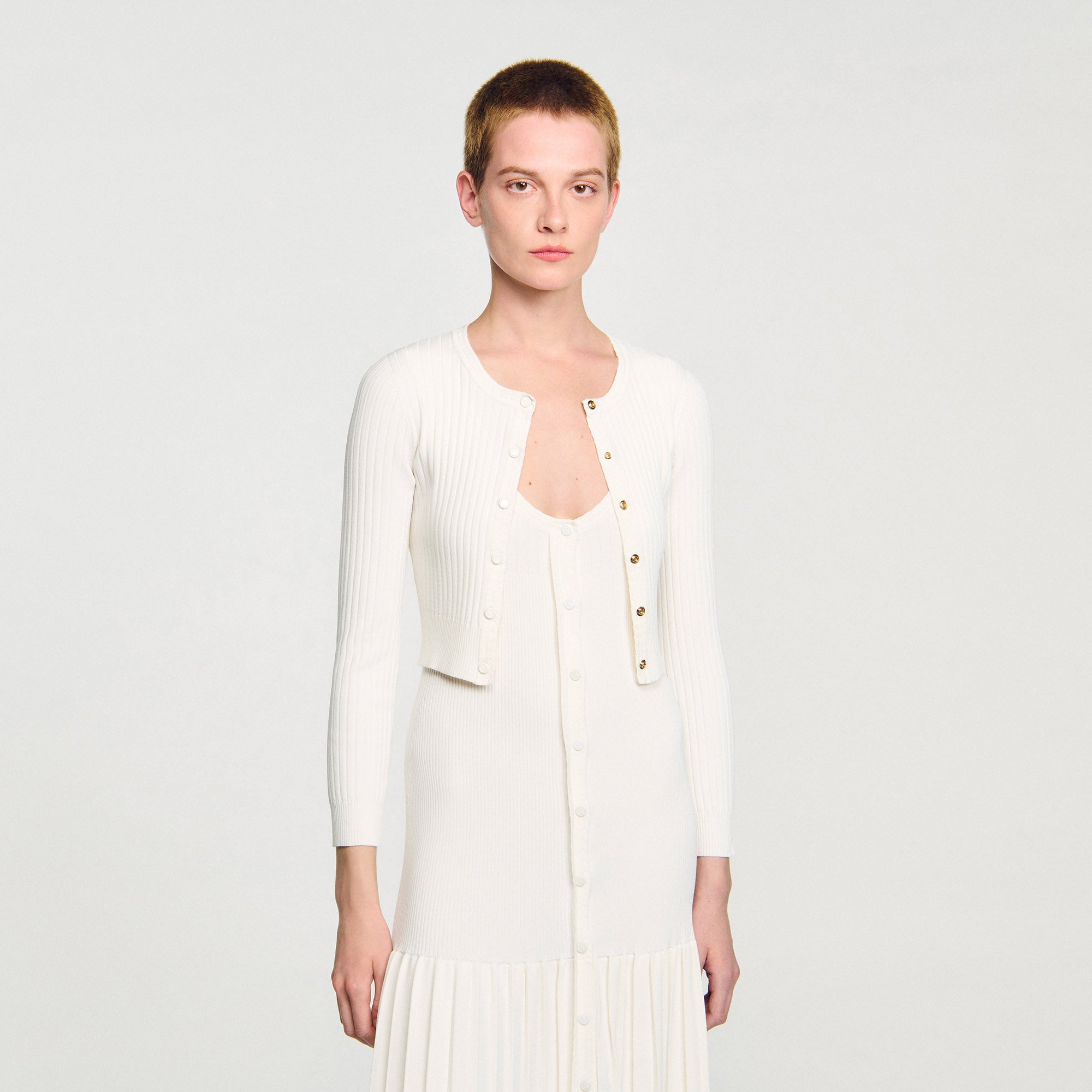 Bello Cropped Rib Knit Cardigan Ecru