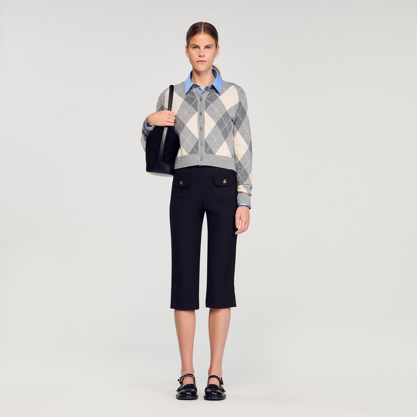 Euryane Argyle Pattern Cardigan Grey