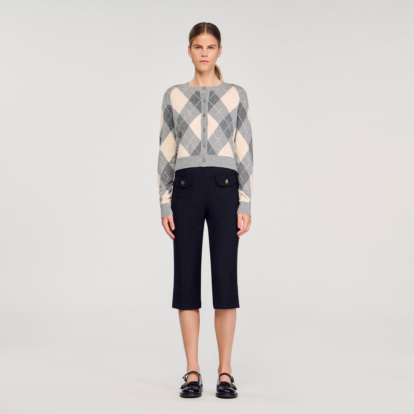 Euryane Argyle Pattern Cardigan Grey