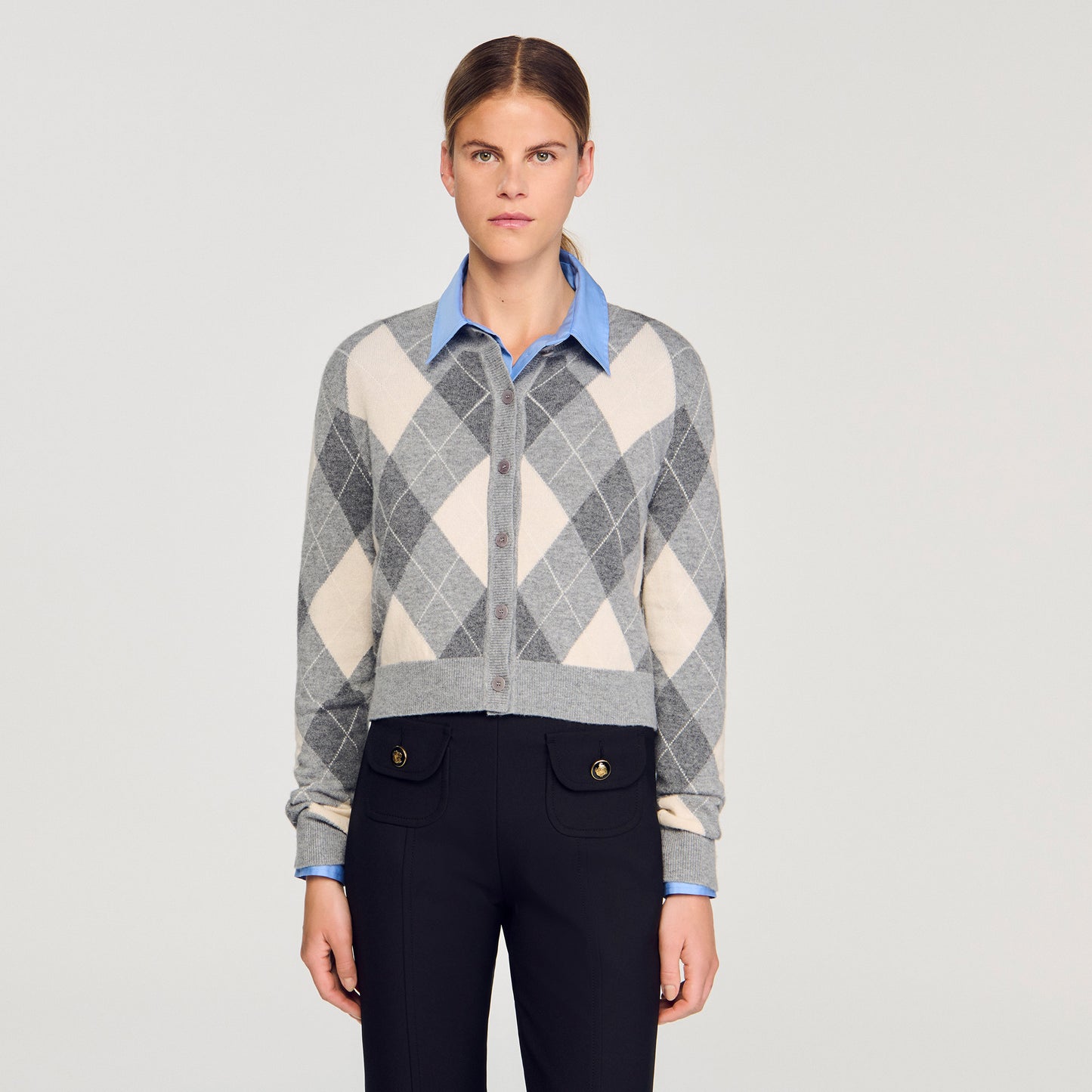Euryane Argyle Pattern Cardigan Grey