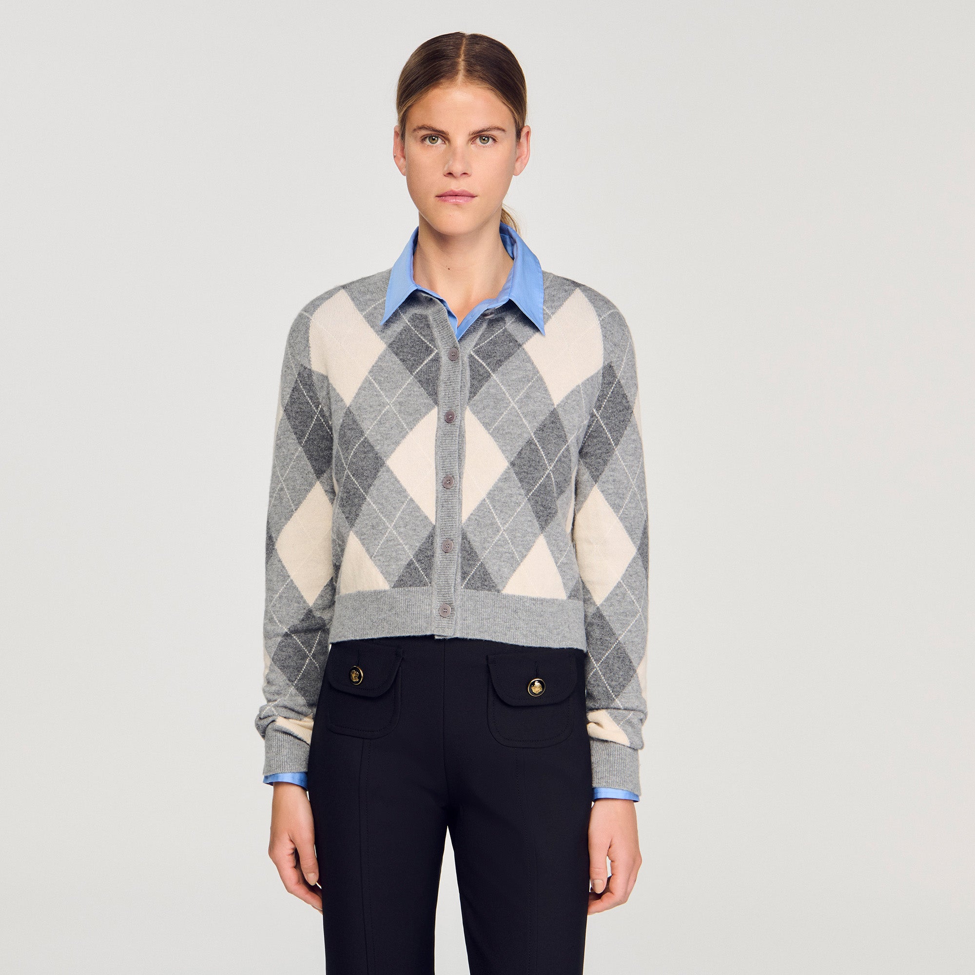 Euryane Argyle Pattern Cardigan Grey