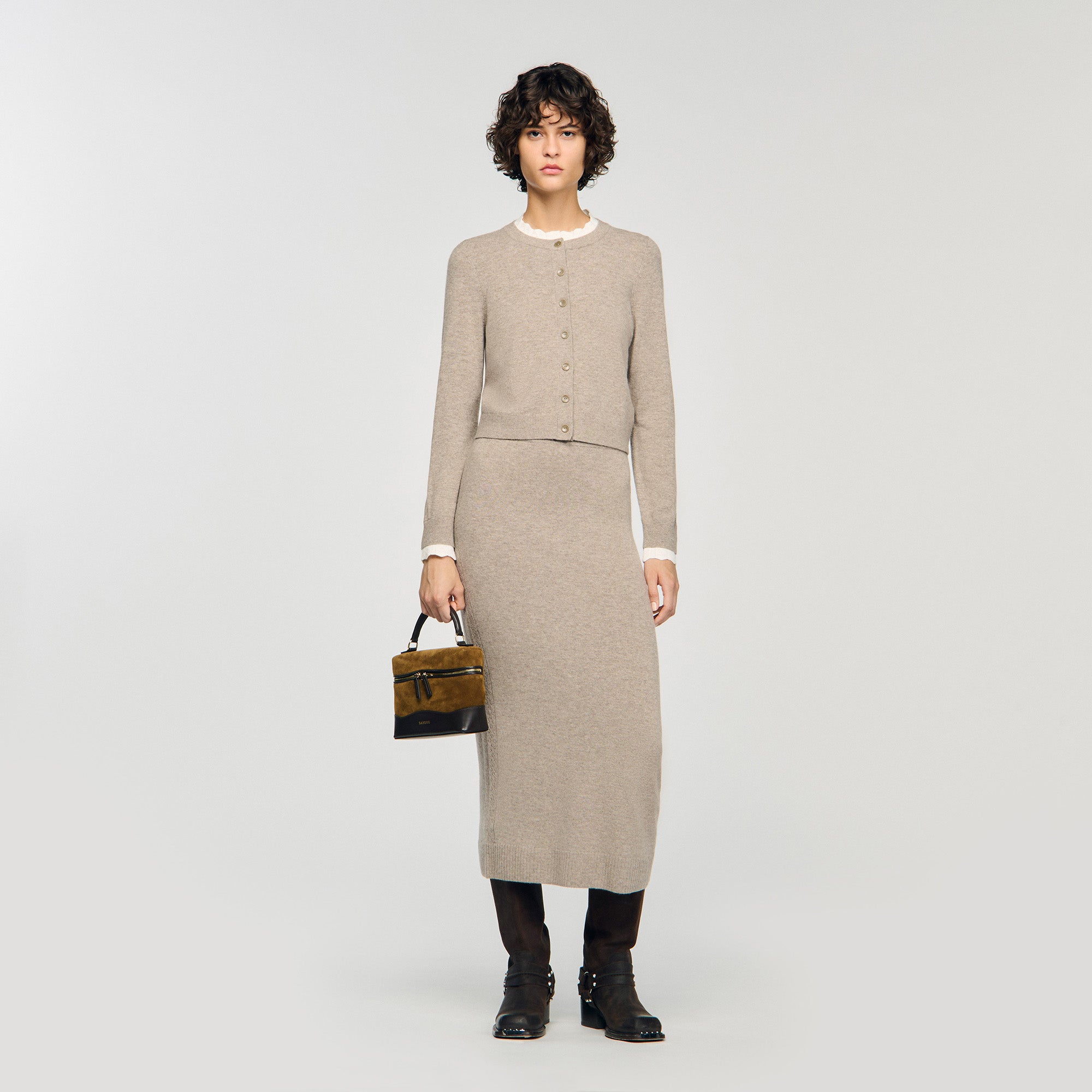 Eleome Cardigan With Contrast Collar Taupe