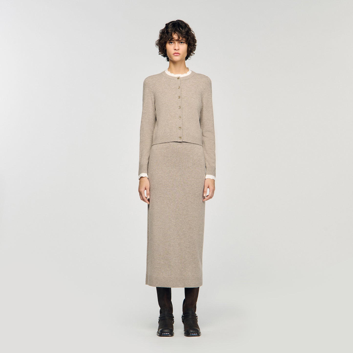 Eleome Cardigan With Contrast Collar Taupe