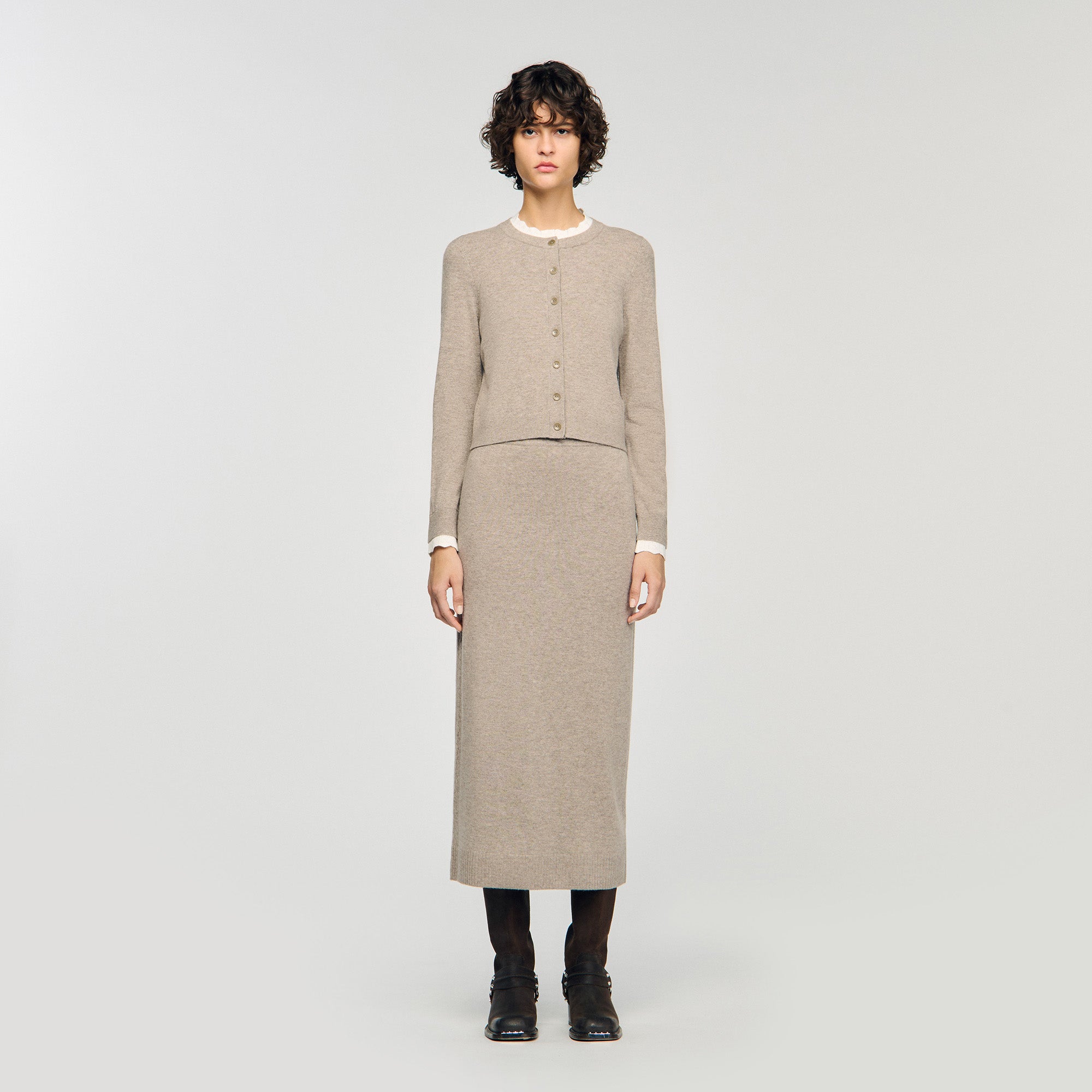 Eleome Cardigan With Contrast Collar Taupe