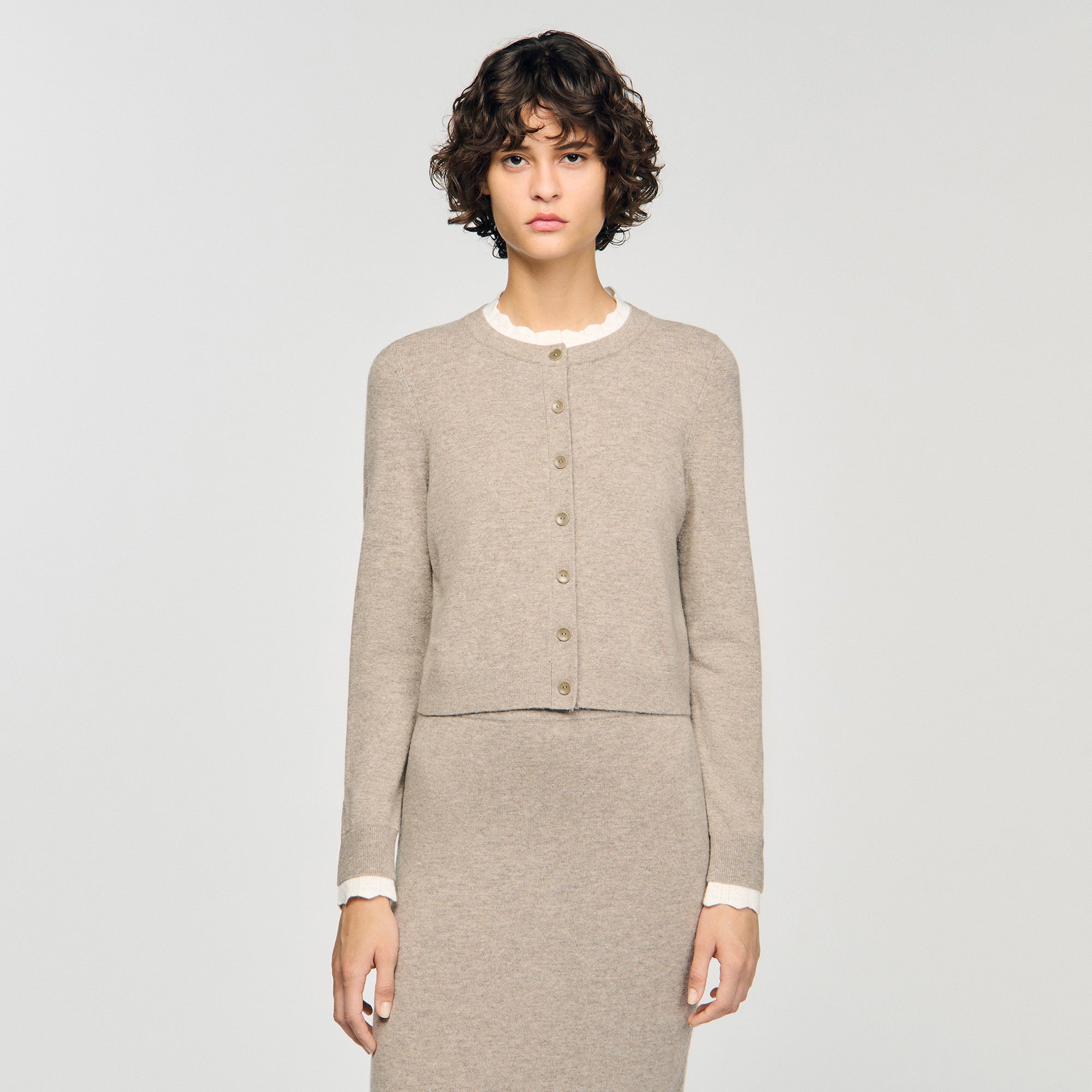 Eleome Cardigan With Contrast Collar Taupe