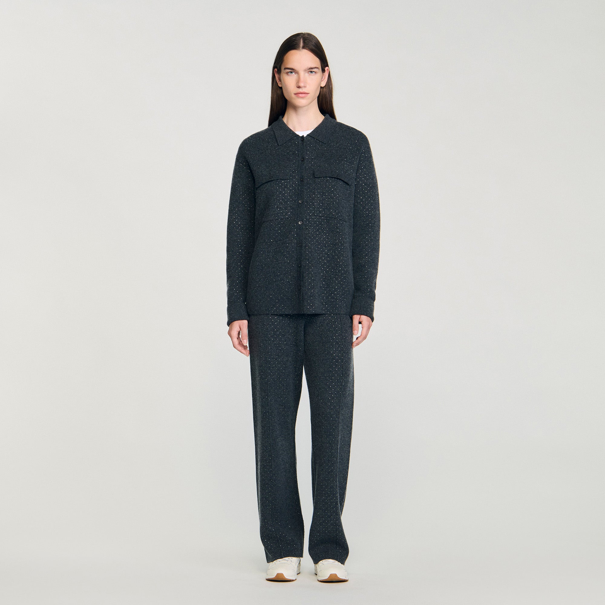 Vava Long Rhinestone Cardigan Charcoal Grey