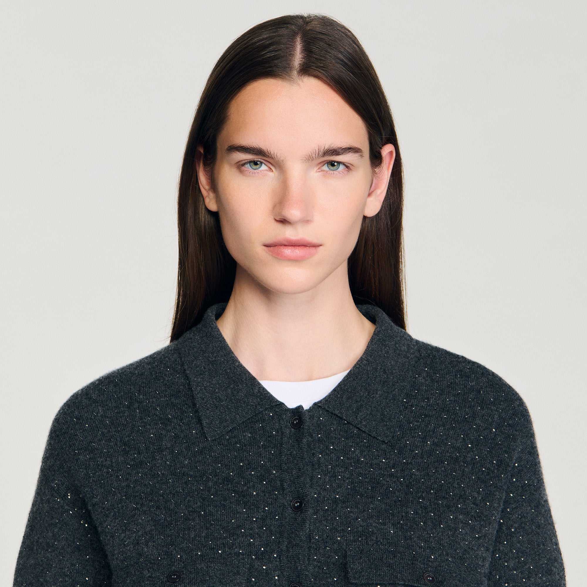 Vava Long Rhinestone Cardigan Charcoal Grey