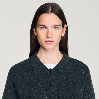 Vava Long Rhinestone Cardigan Charcoal Grey