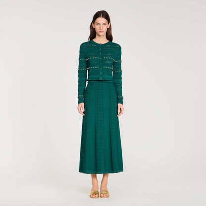 Laneo Pearl Textured Knit Cardigan Dark Green