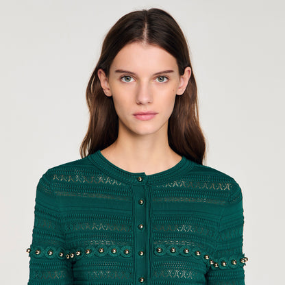 Laneo Pearl Textured Knit Cardigan Dark Green