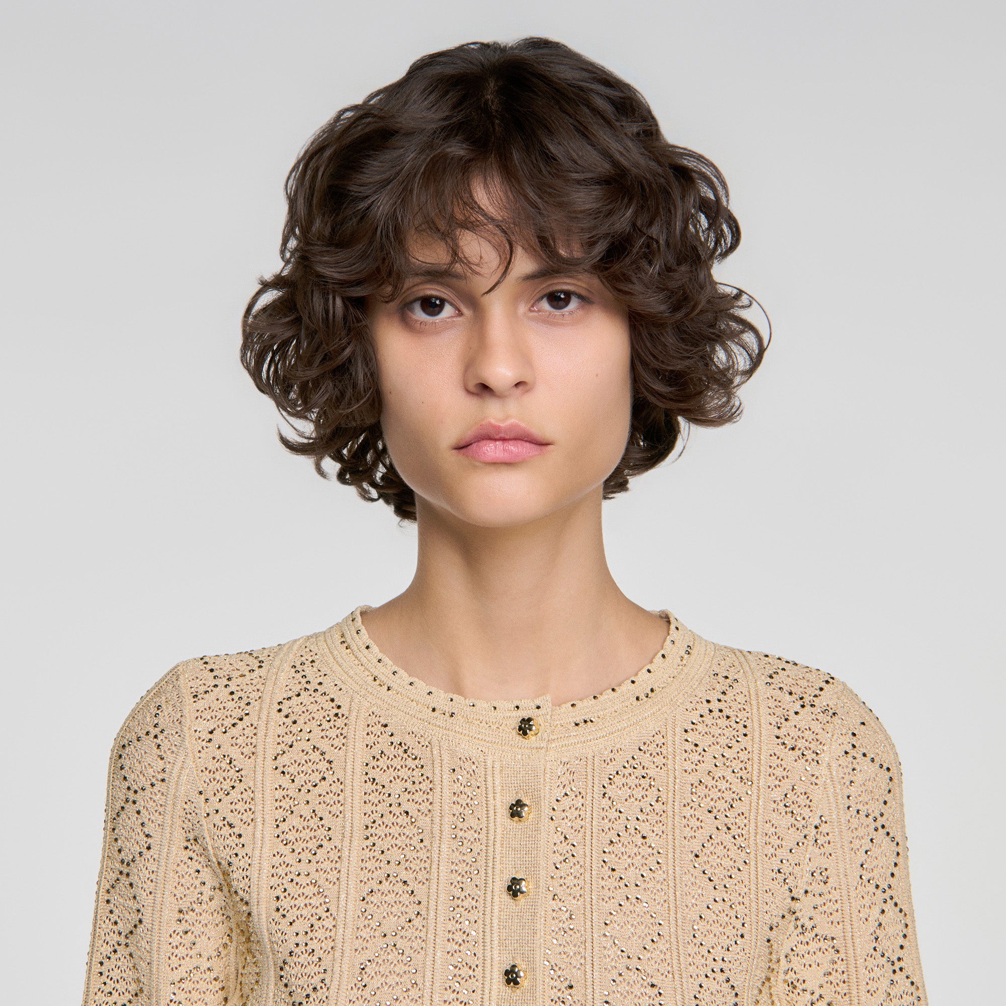 Lisane Cropped rhinestone knit cardigan Vanilla