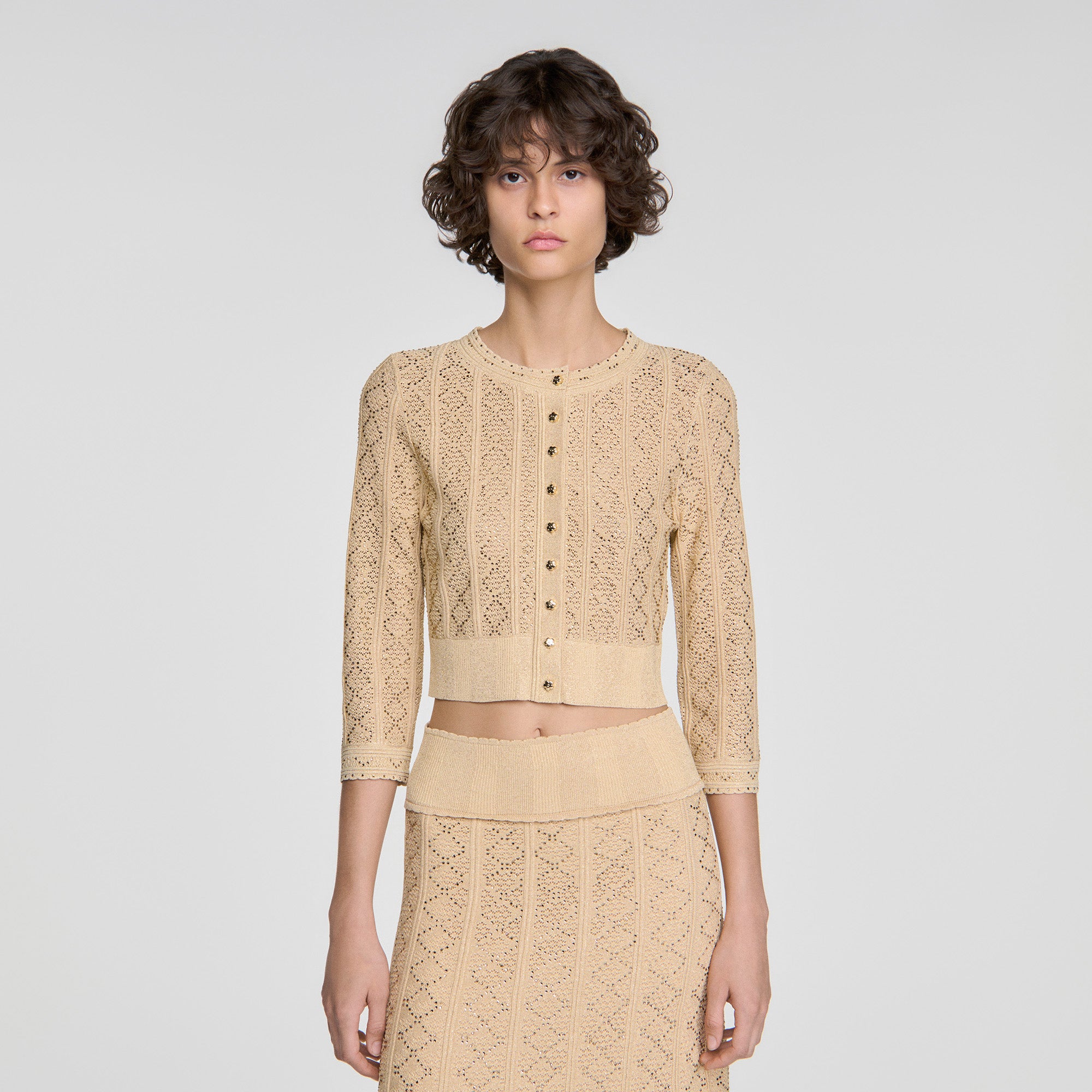 Lisane Cropped rhinestone knit cardigan Vanilla